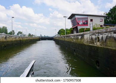 Duffel, Belgium - July 12, 2018; The lock chamber of 'Sluis Duffel' in the Netekanaal near the Belgian city of Duffel