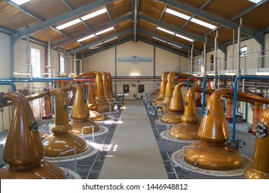 DUFFTOWN, MORAY, SCOTLAND - MAY 11 2017: The Copper Stills In The Glenfiddich Whisky Distillery Still House In Dufftown, Scotland