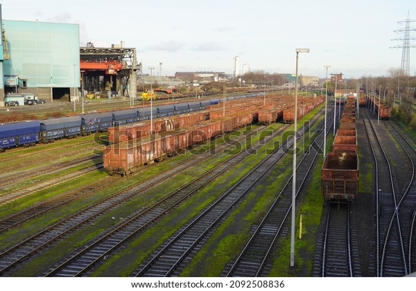 Duisburg,Germany-December\
07,2021:View of Logistics system to transport raw material by\
Railway at  HKM or Hüttenwerke Krupp Mannesmann is a German\
steelworks industry\
company