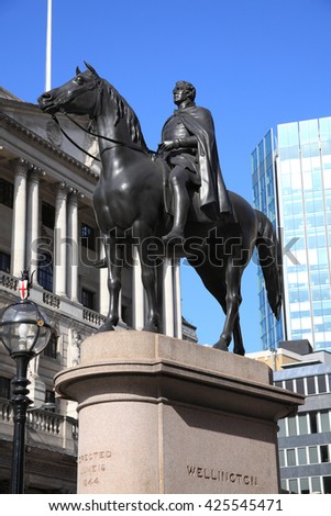 Duke of Wellington equestrian statue standing outside the Royal Exchange and opposite the Bank of England in the city of London, England which was erected in 1844 