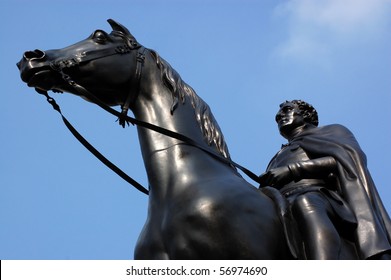 Duke of Wellington statue, City of London.'Prime Minister' twice after a distinguished military career and is credited with defeating Napoleon.
