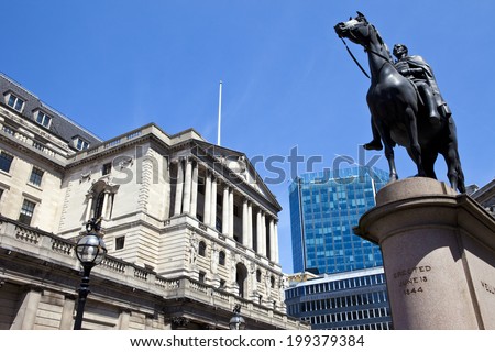 The Duke of Wellington statue situated outside the Bank of England in London.