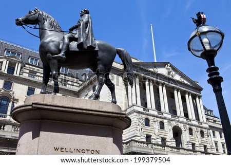 The Duke of Wellington statue situated outside the Bank of England in London.