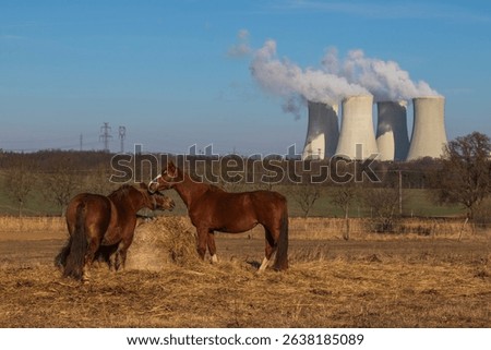Dukovany Nuclear Power Plant in the Czech Republic, Europe. Smoke cooling towers. There are clouds in the sky. In the background the nature of the Highlands.