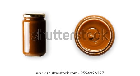 Dulce de leche in a jar. Front and top view. White background. 
