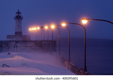 Duluth Harbor North Breakwater Lighthouse During Snow Storm. Duluth, Minnesota, USA