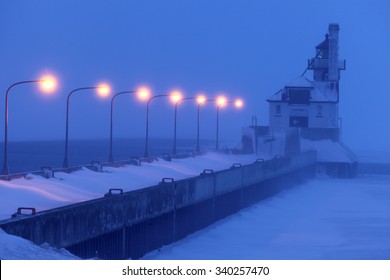 Duluth Harbor South Breakwater Outer Lighthouse During Snow Storm. Duluth, Minnesota, USA