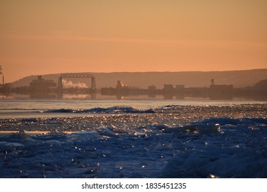 The Duluth lift bridge seen from the shoreline