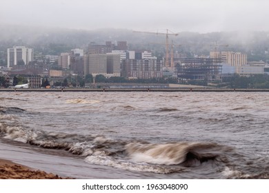 DULUTH, MN - AUGUST 2020 - A Foggy Skyline Shot of Duluth, Minnesota on Lake Superior during a Gloomy Summer Day