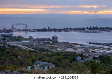 DULUTH, MN - FALL 2016 - An Early Fall Sunrise over Lake Superior and the Duluth Aerial Lift Bridge