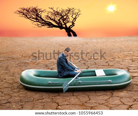 Dumb funny Business man stop on crack soil hot land desert boat businessman rock look bright future symbol crisis stagnation losses braking difficulties environmental disaster water scarcity drought. 