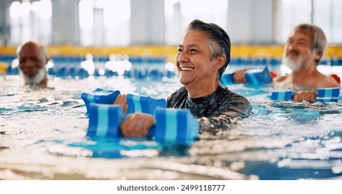 Dumbbell, group and mature woman in swimming pool for exercise, healthy body and strong muscle. Aqua therapy, water and aerobics class for fitness, physiotherapy or rehabilitation of senior person - Powered by Shutterstock