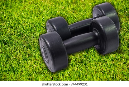 Dumbbell on the grass with a shadow cipping path