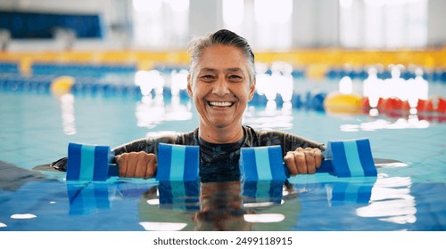 Dumbbell, portrait and mature woman in swimming pool for exercise, healthy body and strong muscle. Therapist, water and aerobics class for fitness, physiotherapy or rehabilitation of senior person - Powered by Shutterstock