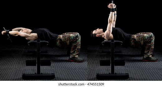 Dumbbell Pull Over Exercise. Studio Shot Over Black.