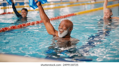 Dumbbell, training and mature man in swimming pool for exercise, healthy body and strong muscle. Weight, water and aerobics class for fitness, physiotherapy and rehabilitation of happy senior people - Powered by Shutterstock