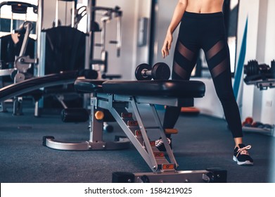 Dumbbells On Fitness Bench At Gym And Blur Sexy Women Stand And Waiting For Exercise.
