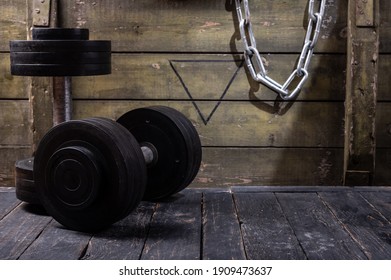 Dumbbells for physical education. Dumbbells with rubberized discs. Two dumbbells and a chain. - Shutterstock ID 1909473637