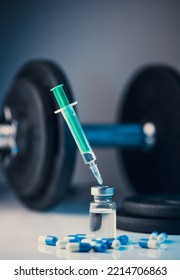 Dumbbells, Syringe With Needle, Pills And Vial With Steroids. Illegal Doping In Sport Concept