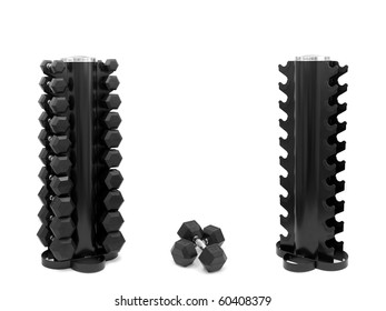 A Dumbell Rack With Dumbells Isolated Against A White Background