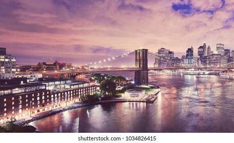 Dumbo Neighborhood And The Brooklyn Bridge At Night, Color Toned Picture, New York City, USA.