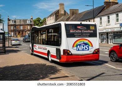 Dumfries, Scotland - July 24th 2021: A Thank You NHS Sign On The Back Of A McCalls Coaches Bus, At A Bus Stop On The White Sands, Dumfries , Scotland