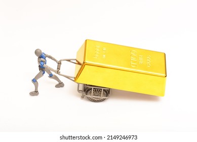 Dummy Pulling A Cart With A Gold Bar On White Background.