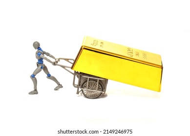 Dummy Pulling A Cart With A Gold Bar On White Background.