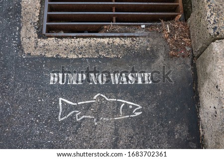 Dump No Waste and the outline of a fish stenciled on the blacktop of a parking lot near a storm drain