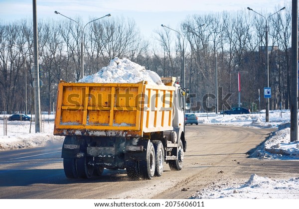 Dump truck full of\
snow driving through city street, snow hauling. Dump truck\
transports snow to dump site.\
