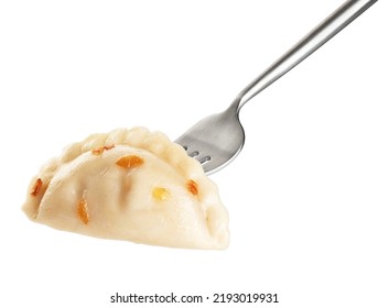 Dumpling with fried onions impaled on a fork  isolated on white background. With clipping path. - Shutterstock ID 2193019931