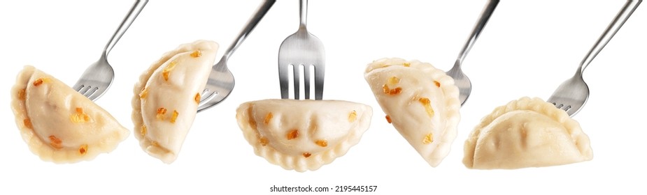Dumpling with fried onions impaled on a fork  isolated on white background. Collection with clipping path. - Shutterstock ID 2195445157