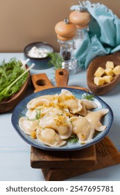 Dumplings filled with mashed potatoes. Varenyky, vareniki, pierogi, pyrohy - dumplings with filling