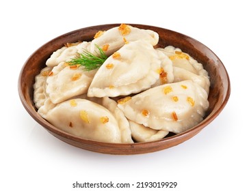 Dumplings with fried onions isolated on white background. Varenyky, vareniki, pierogi, pyrohy with filling. With clipping path. - Shutterstock ID 2193019929