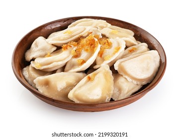 Dumplings with fried onions isolated on white background. Varenyky, vareniki, pierogi, pyrohy with filling. With clipping path.