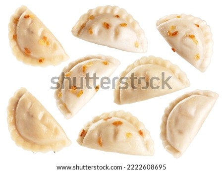 Dumplings with fried onions isolated on white background. Varenyky, vareniki, pierogi, pyrohy with filling. Collection with clipping path.