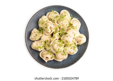 Dumplings With Pepper, Salt, Herbs, Microgreen Isolated On White Background. Top View, Flat Lay, Close Up.