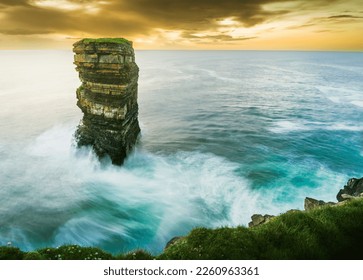 Dun Briste Sea stack Downpatrick Head Wild Atlantic Way Ireland. Beautiful sunset over wild atlantic coast