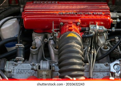 Dunaujvaros, Hungary - 07 17 2021: Engine Of An Old Ferrari At The Alfacity Carshow.