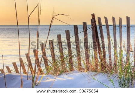 Dune Fence on Beach at Sunset
