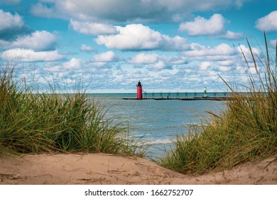 Dune grass with lighthouse south Haven Michigan Lake Michigan shoreline