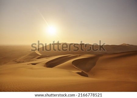 Dune Sunset. High angle shot of a sunset over the sand dunes in the Namibian Desert.