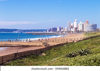 Dune Vegetation Beach And Ocean Against Blue Sky And City Skyline In Durban, South Africa