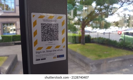 Dunedin, New Zealand - February 18 2022: QR Code On Public Bus For Scanning In To The Contract Tracing Government System During The Covid-19 Coronavirus Pandemic. Window In Background.