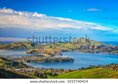 Dunedin town and bay as seen from the hills above, South Island, New Zealand