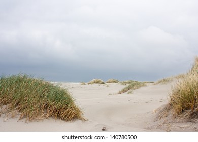 Dunes With Beachgrass Under A Dark Sky