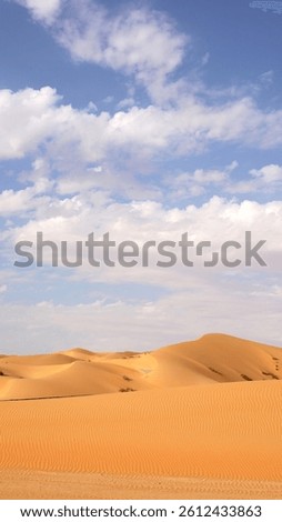 Dunes roll under partly cloudy sky, soft winds sculpt graceful curves in golden sand, light and shadow play together in poetic desert rhythm, peaceful tourist attraction.