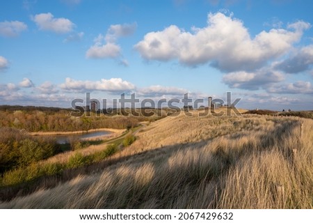 Dunes and view on Vlissingen city with sandy beach on sunny sunset, Zeeland, Netherlands