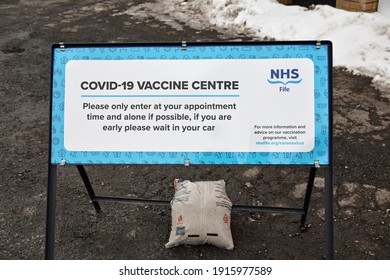 Dunfermline, Scotland, UK - February 13 2021:  Sign For NHS Fife Covid19 Vaccine Centre