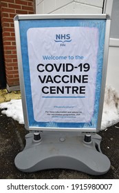 Dunfermline, Scotland, UK - February 13 2021: Covid-19 Vaccine Centre Sign NHS Fife